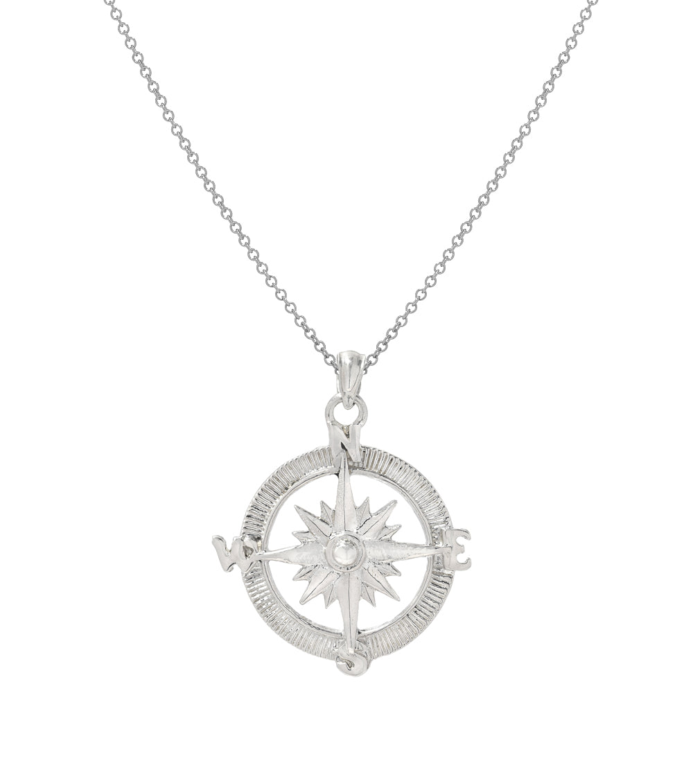 The Sterling Silver Point the Way Compass Pendant Necklace, 18", features a compass rose with N, S, E, and W around a central star—perfect travel jewelry for adventurous spirits.