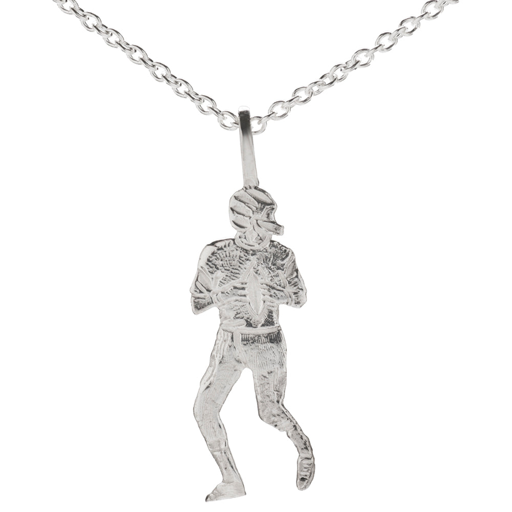 The Sterling Silver Quarterback Pendant Necklace features a detailed American football player in helmet and uniform, running with the ball—perfect for fans seeking a unique quarterback-themed accessory.