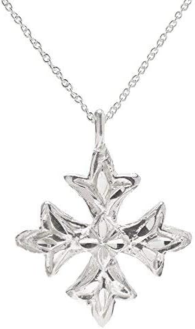 The Sterling Silver Maltese Cross Pendant Necklace, 18", features a 925 chain and an ornate cross pendant with pointed, leaf-like edges and an intricate, openwork design.