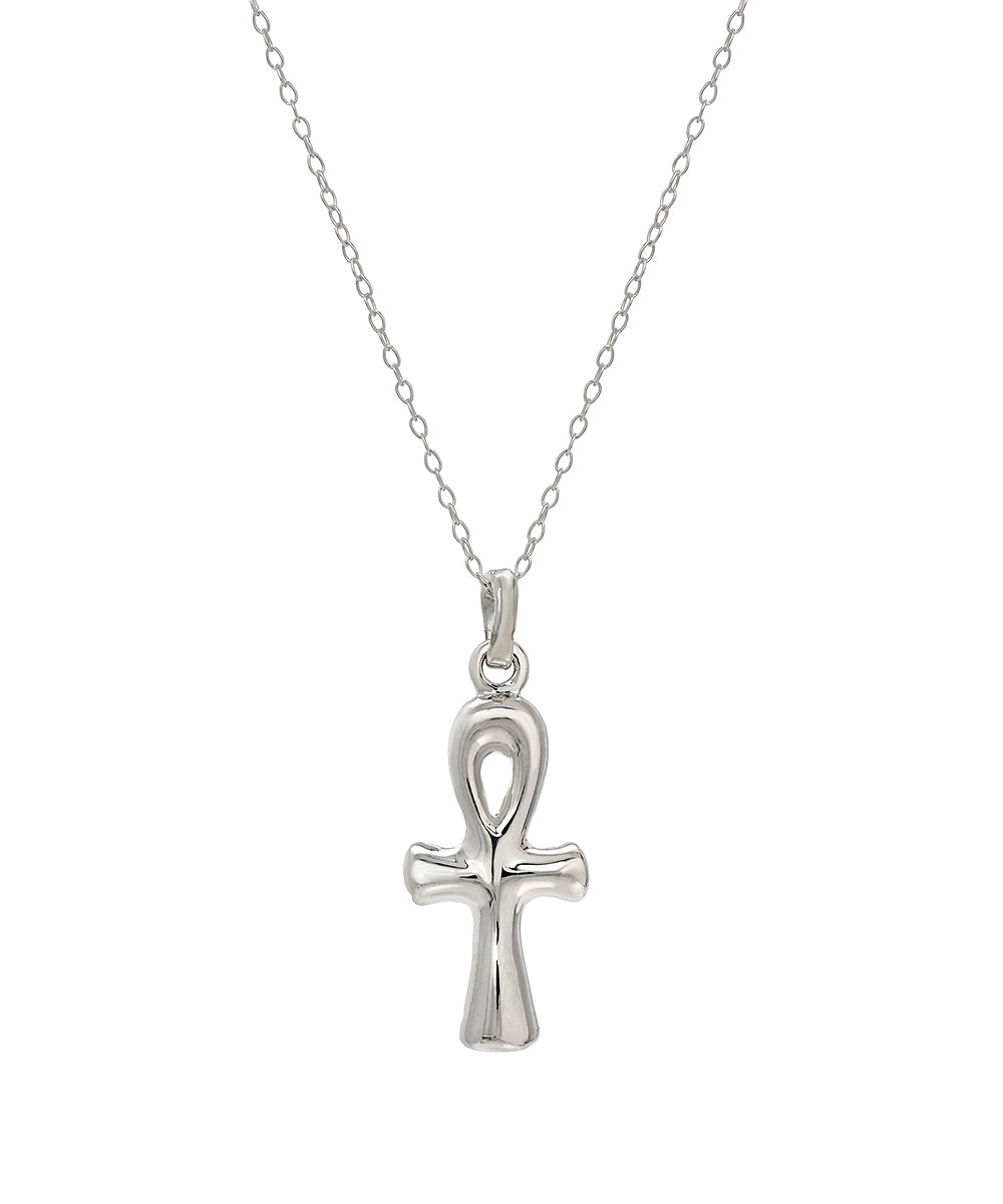 The Sterling Silver Puff Ankh Pendant Necklace features a slim chain and an ankh-shaped pendant symbolizing life, presented elegantly on a white background.