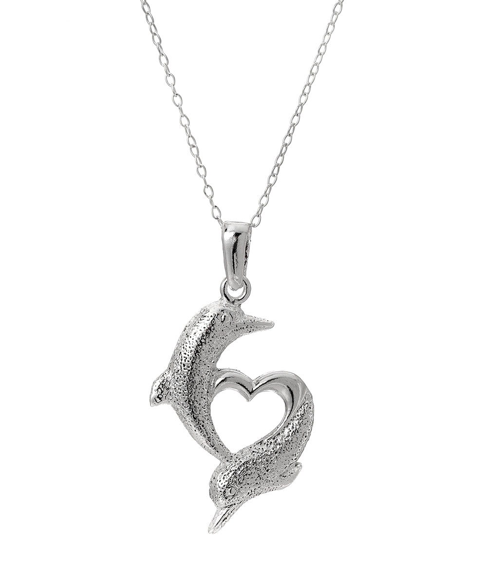 The Sterling Silver Dolphin Open Heart Pendant Necklace features two textured dolphins forming a heart, connected at the mouths and tails, creating stunning ocean-inspired jewelry.