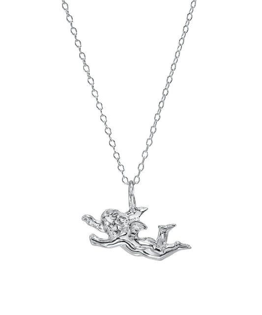 Sterling Silver Flying Cupid Cherub Pendant Necklace