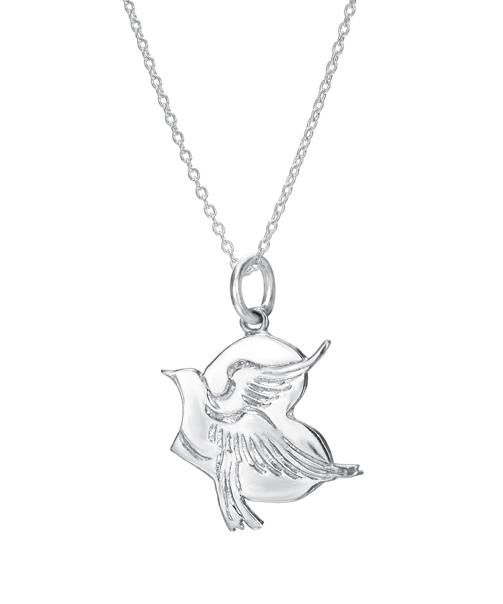 The Sterling Silver Dove in Heart Peace Pendant Necklace features a highly polished dove with detailed wings and tail feathers, shaped within a heart and displayed against a plain white background.