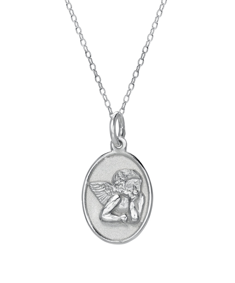 Sterling Silver Oval Cherub Cupid Pendant Necklace