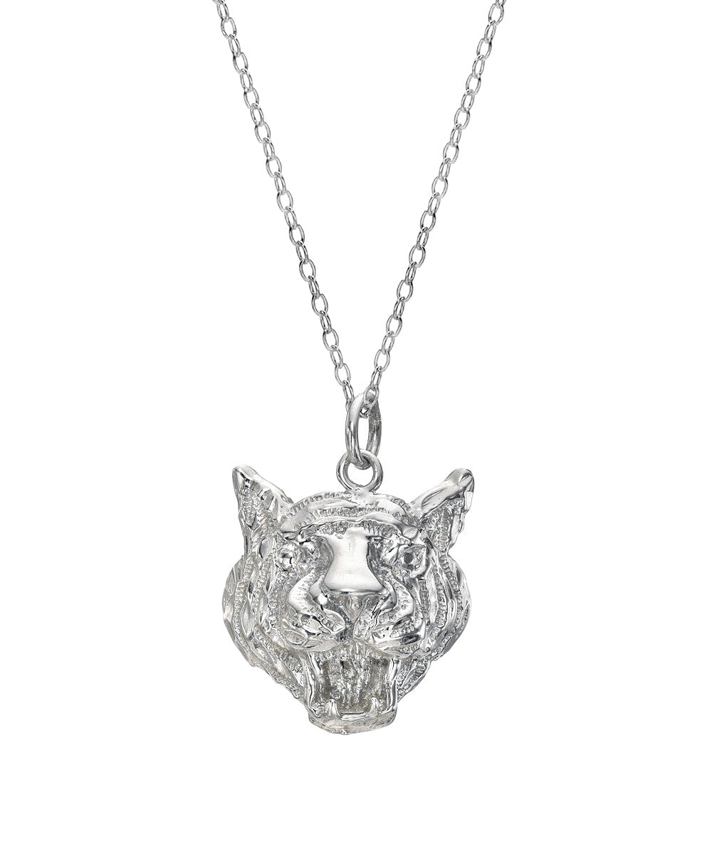 Sterling Silver White Tiger Face Pendant Necklace, 18"