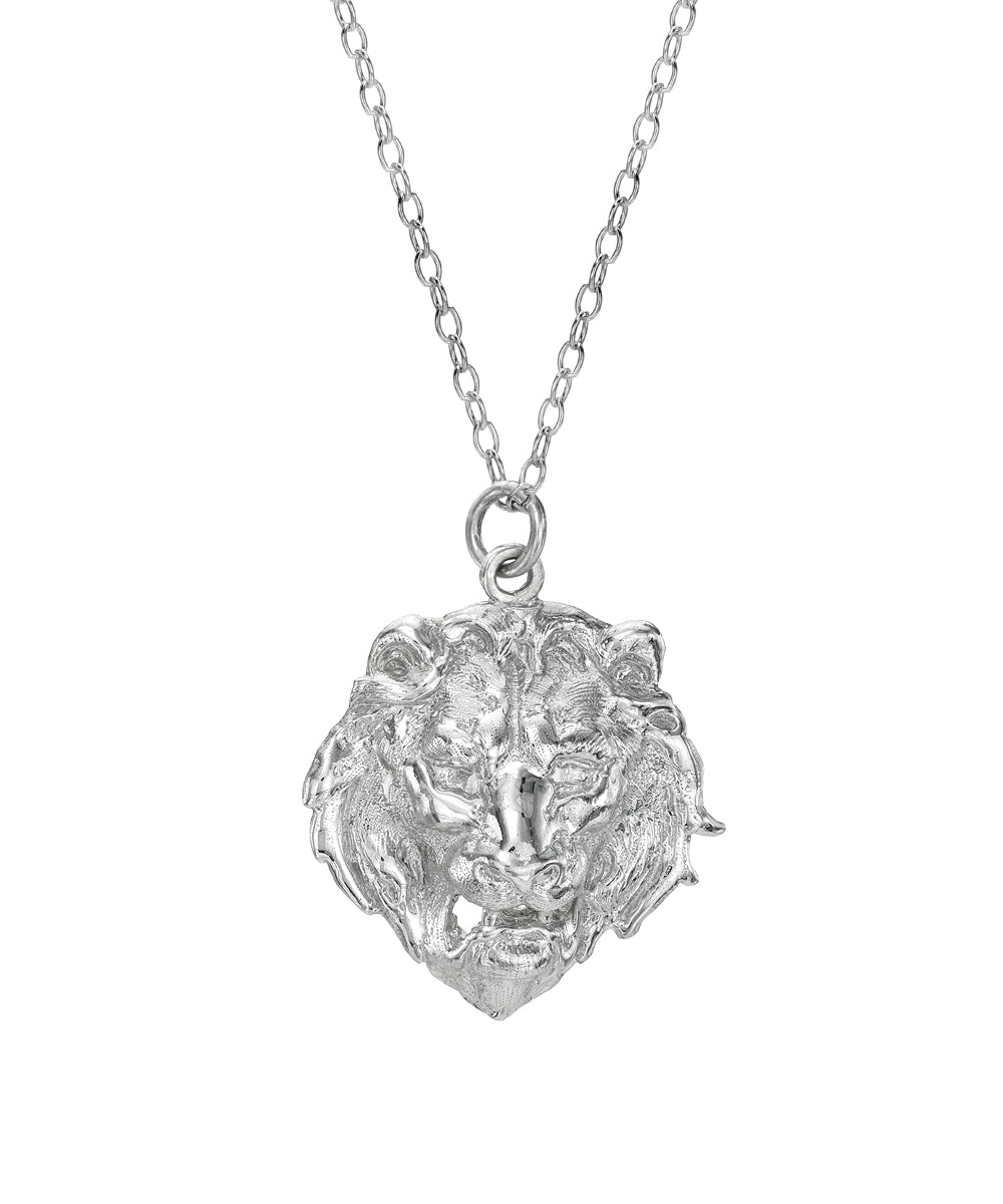 The Sterling Silver Lion Bust Pendant Necklace features a finely crafted lion head pendant on a delicate 925 sterling silver chain.