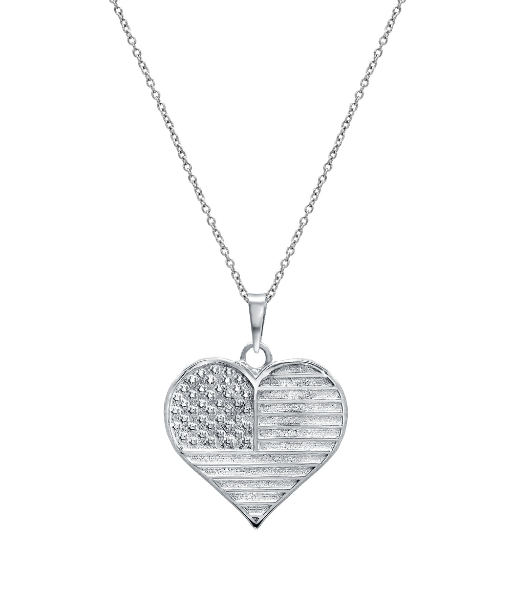 Sterling Silver United States of America Heart Shape Flag Pendant Necklace, 18"