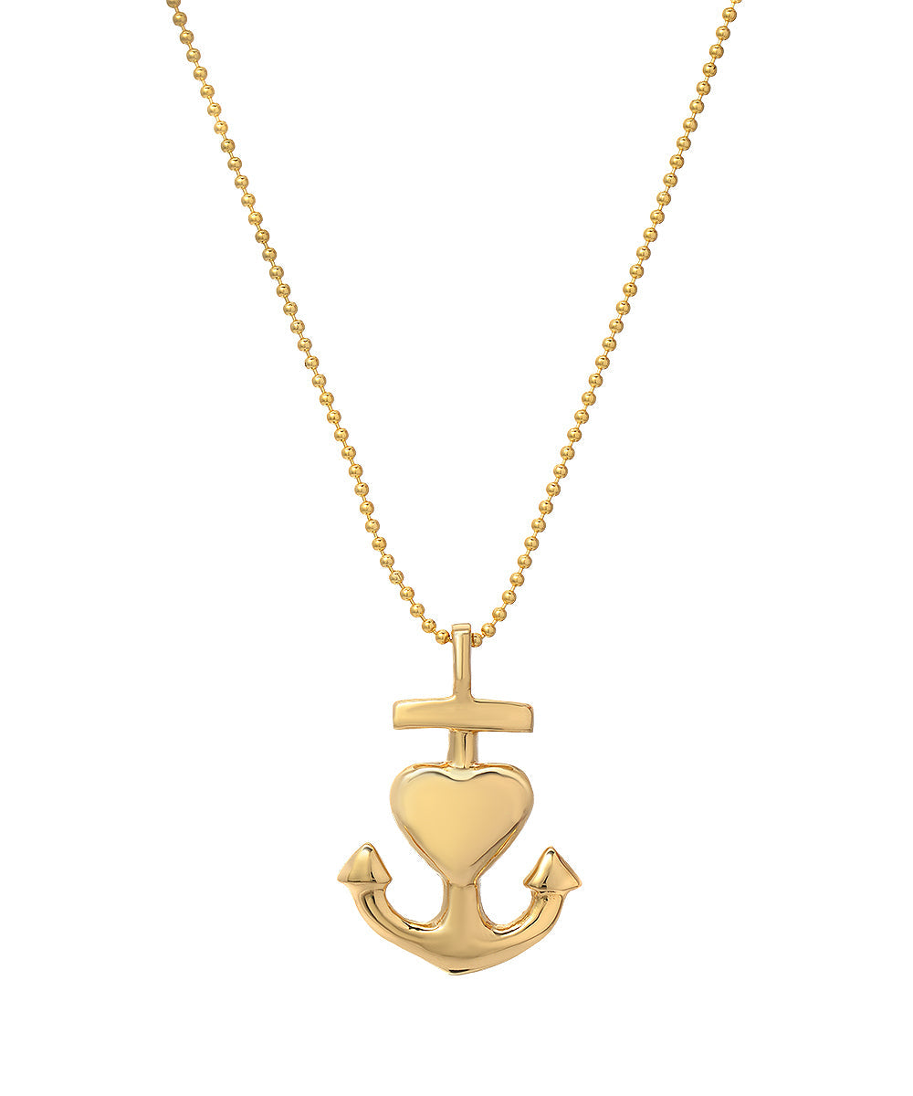 14 Karat Yellow Gold Love Strength Faith Anchor and Heart Pendant Necklace