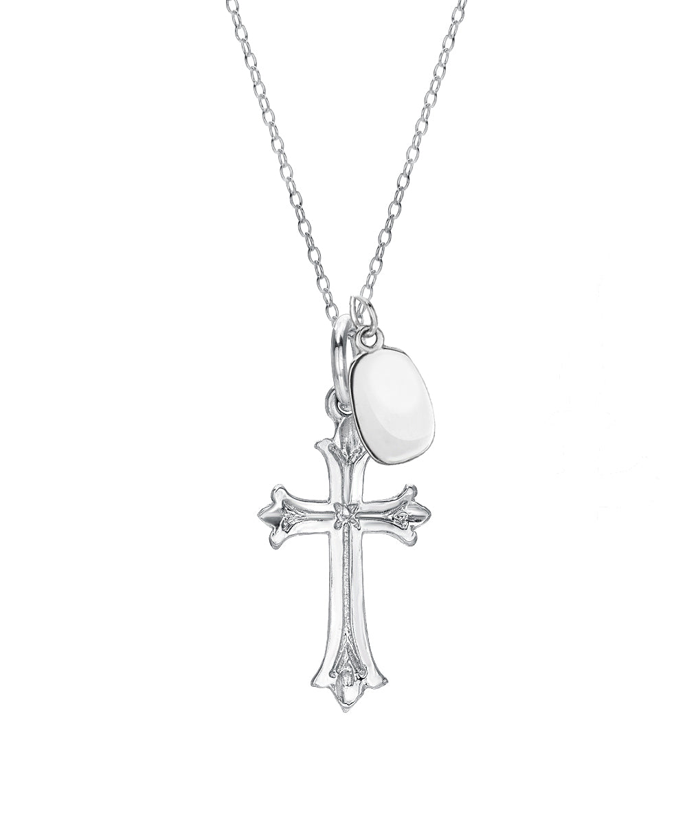 Sterling Silver Cross with Personalization Oval Disc Pendant Necklace