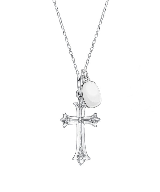 Sterling Silver Cross with Personalization Oval Disc Pendant Necklace