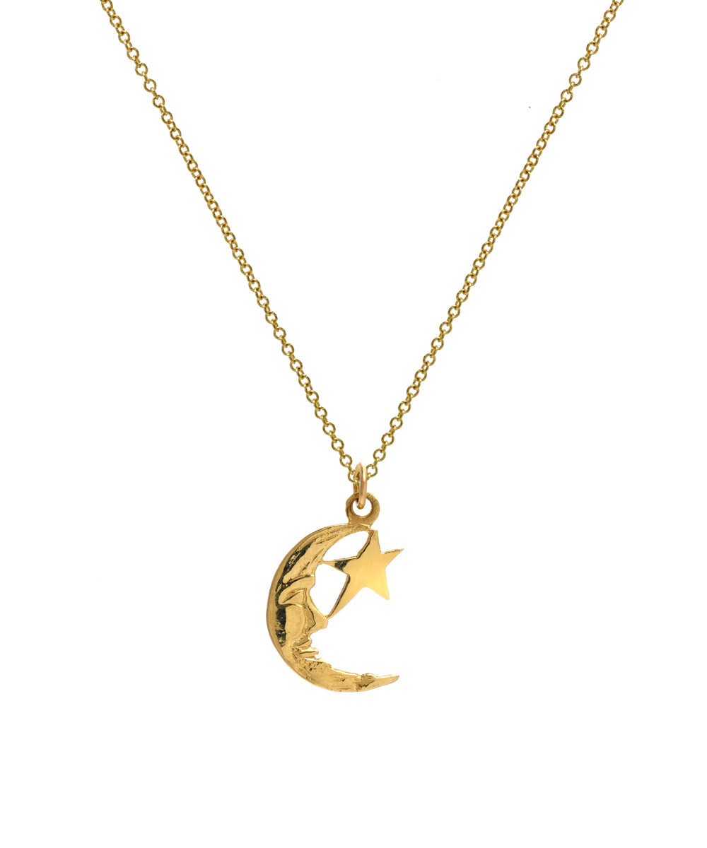 14KT Yellow Gold Crescent Moon and Star Pendant Necklace, 18"