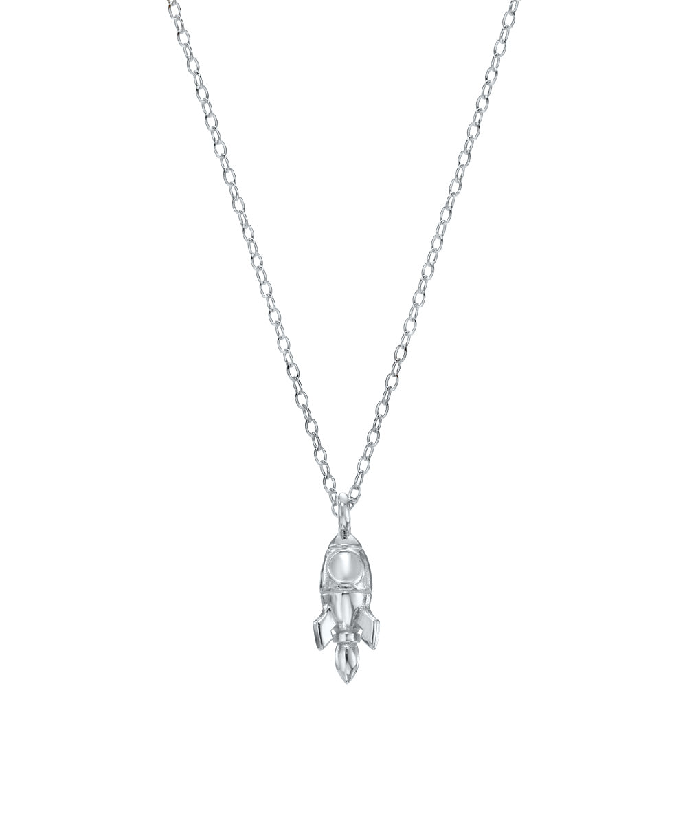 The Sterling Silver Rocket Ship Pendant Necklace features a delicate silver chain with a rocket ship charm, creating a charming piece of space jewelry.