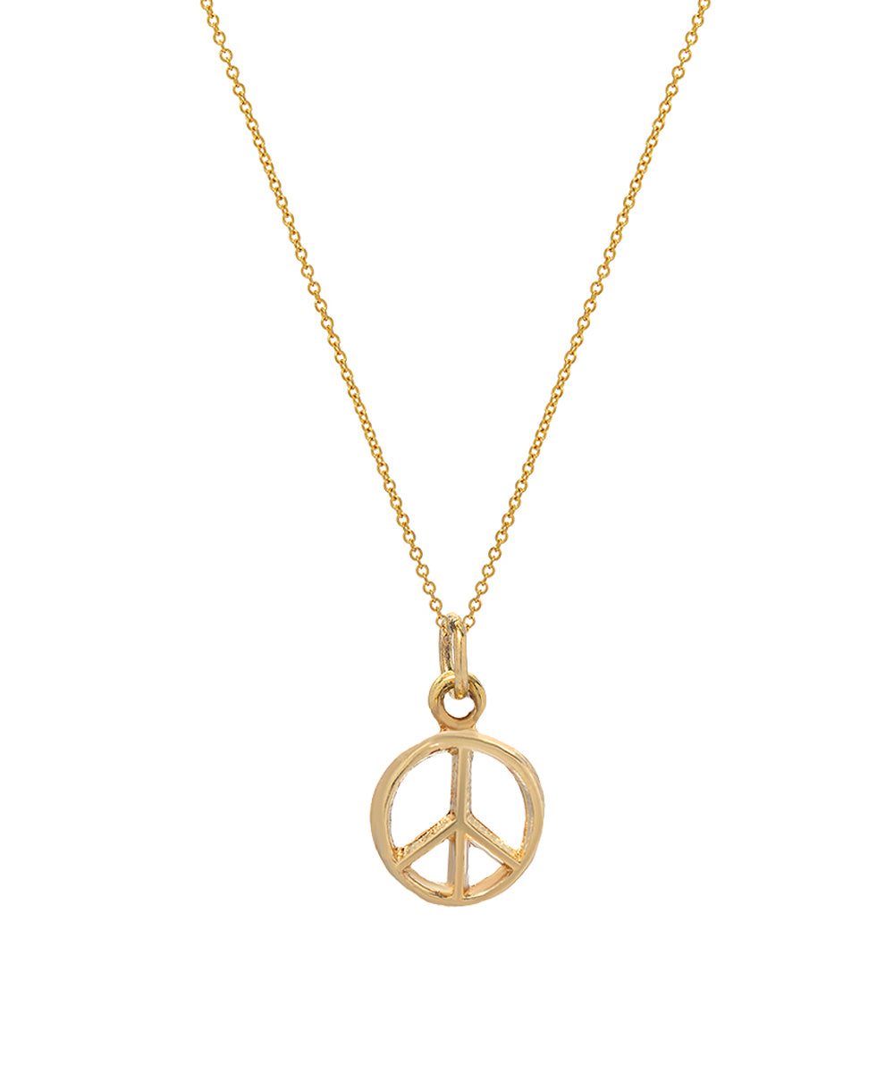 The 14 Karat Yellow Gold Peace Sign Pendant Necklace, 18", showcases a small round pendant on an Italian rolo chain, set against a plain white background.