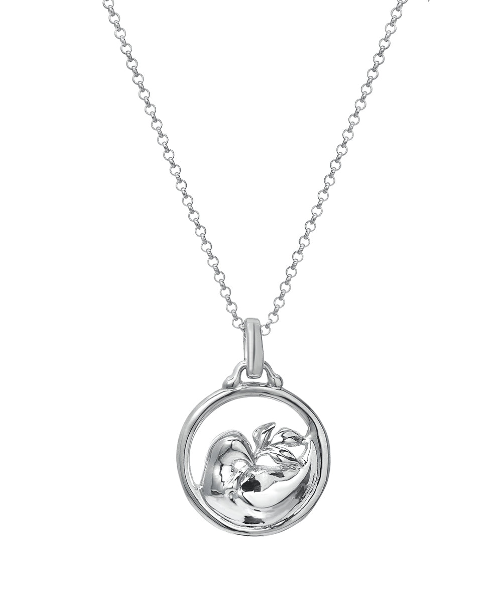 The Sterling Silver Peace Dove and Olive Branch Pendant Necklace, 18", features a delicate circular pendant with a peace dove and olive branch on a fine chain for an elegant look.