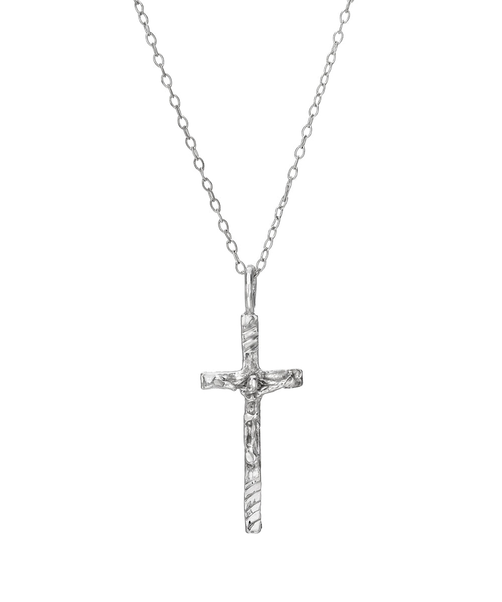 The Sterling Silver Crucifix Cross Pendant Necklace features a textured, hammered cross pendant and is displayed on a plain white background—a timeless piece of religious jewelry.