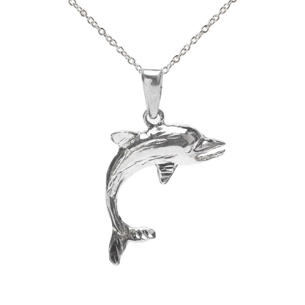The Sterling Silver Dolphin Pendant Necklace, featuring a jumping dolphin design, is perfect for ocean lovers and jewelry collections, shown against a white background.
