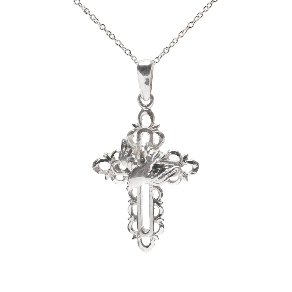 The Sterling Silver Dove Cross Peace Pendant Necklace features intricate loops and a raised praying hands design, making it a beautiful spiritual jewelry piece for any collection.