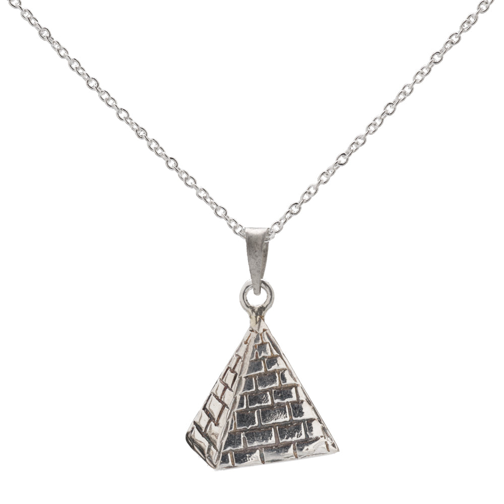 The Sterling Silver Pyramid Pendant Necklace features brick-like textures and hangs from an Italian rolo chain, creating a striking minimalist piece displayed on a white background.