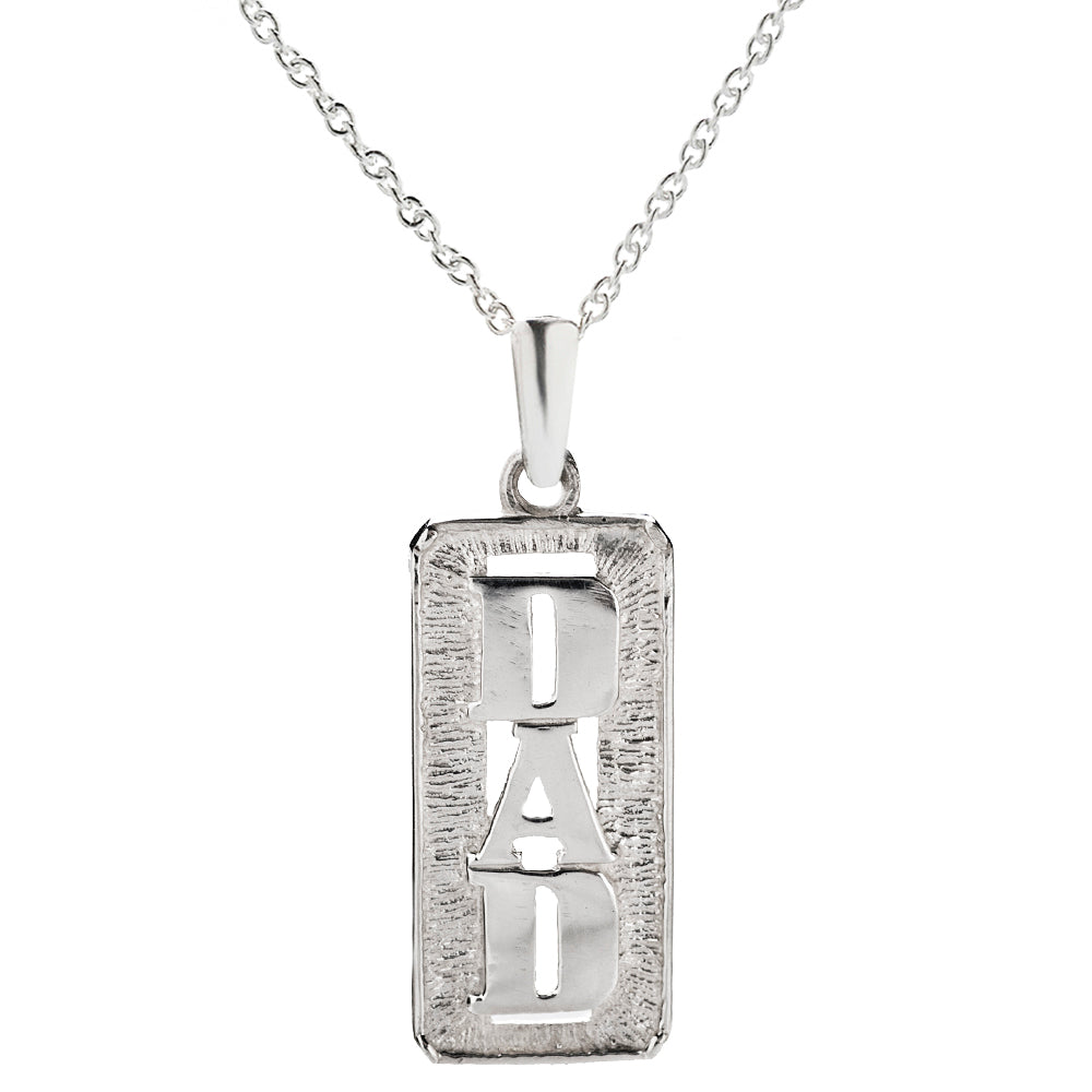 The Sterling Silver Father's Day DAD Pendant Necklace, 18", features a 925 sterling silver rectangular pendant with bold "DAD" lettering—an ideal gift for Father’s Day.