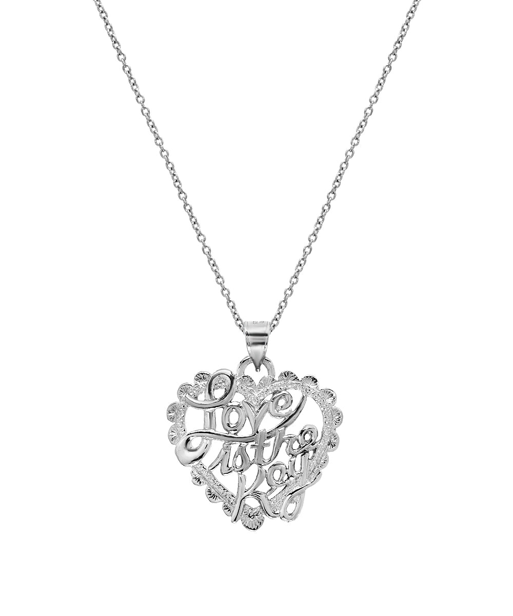 The Sterling Silver Love Is the Key Heart Pendant Necklace, 18", features a scalloped heart with "Love You" in script and a delicate chain for a meaningful, elegant look.
