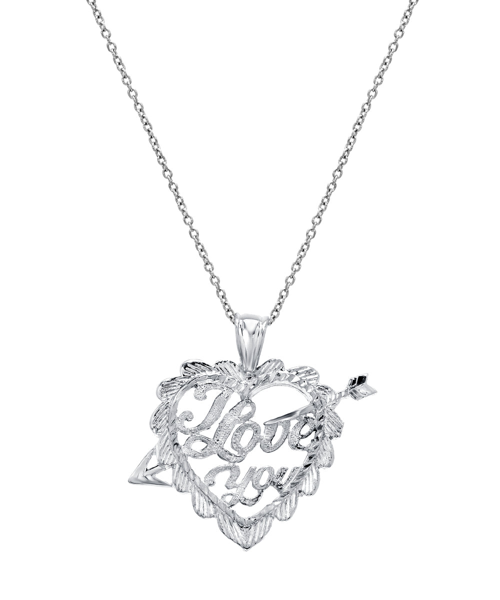 The Sterling Silver I Love You Heart Pendant Necklace, 18", features a heart charm with "I Love You" inscription—an elegant, meaningful gift for anniversaries or special occasions.