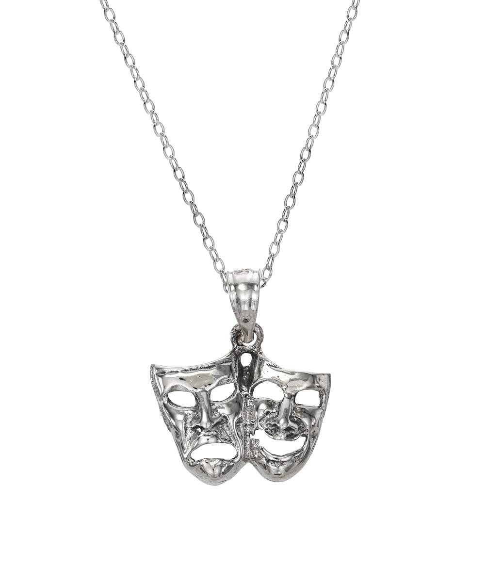 Sterling Silver Comedy Tragedy Mask Pendant Necklace, 18"