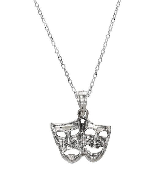 Sterling Silver Comedy Tragedy Mask Pendant Necklace, 18"