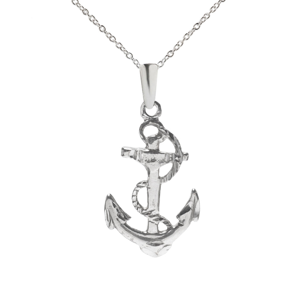 The Sterling Silver Anchor and Rope Pendant Necklace, 18", features a nautical design with rope detail, hanging from a delicate chain and shown against a white background.