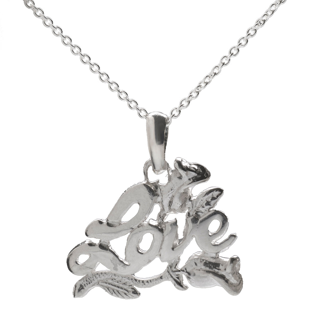 The Sterling Silver Love and Rose Pendant Necklace, 18", features a cursive "Love" with floral rose details—an elegant love necklace with a sterling silver finish.