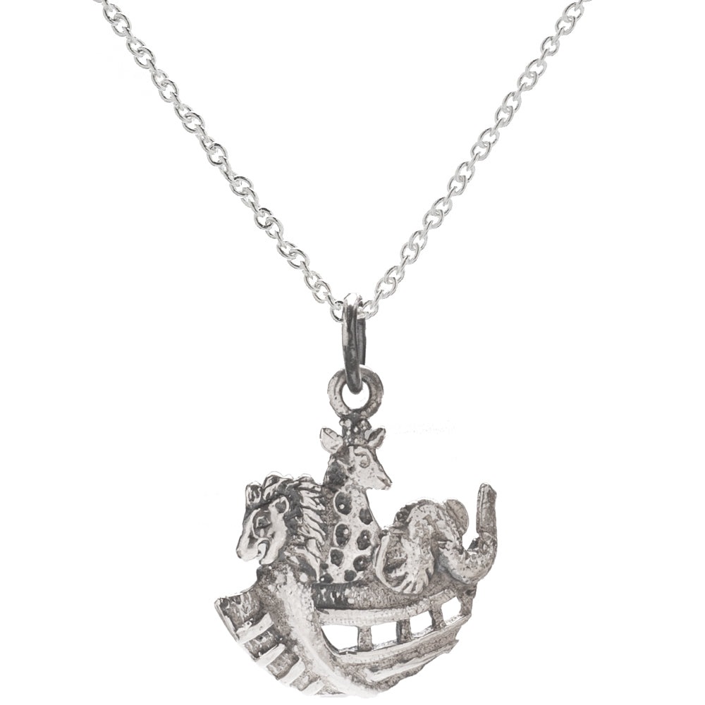 The Sterling Silver Noah's Ark Pendant Necklace, 18", features a detailed ark with giraffe and horse figures—an inspiring piece of faith jewelry.