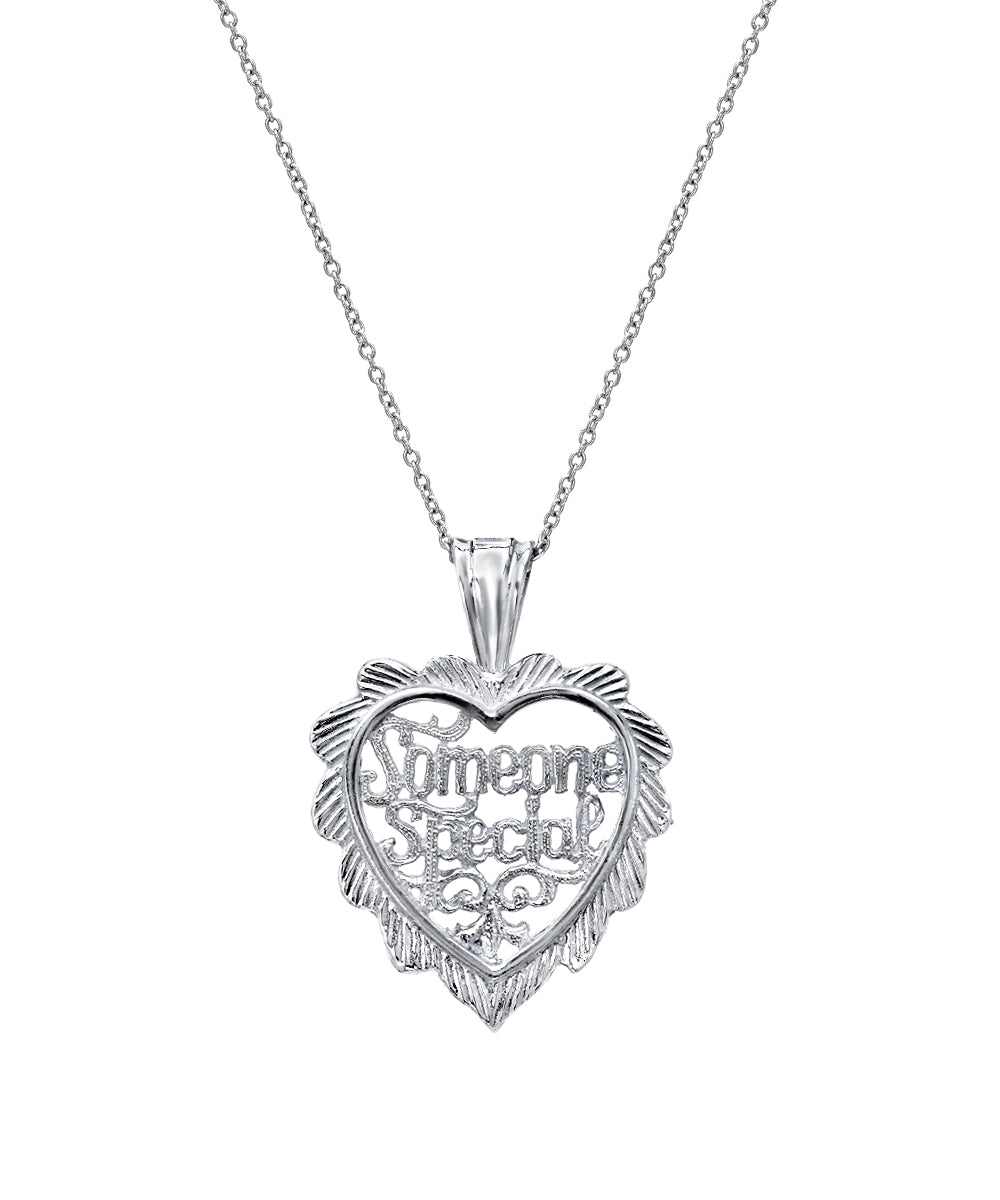 The Sterling Silver Someone Special Heart Pendant Necklace features a heart-shaped pendant with intricate detailing and "Someone Special" engraved at the center, hanging gracefully from a delicate silver chain.