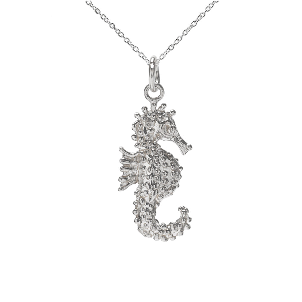 The Sterling Silver Spiked Seahorse Pendant Necklace features a textured seahorse pendant on a delicate chain, capturing nautical charm against a white background.