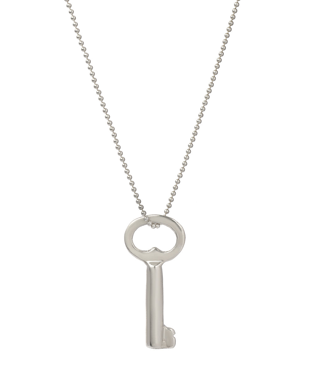 The Sterling Silver Key Pendant Necklace features a 925 sterling silver key-shaped pendant on a delicate ball chain, shown against a white background for an elegant look.