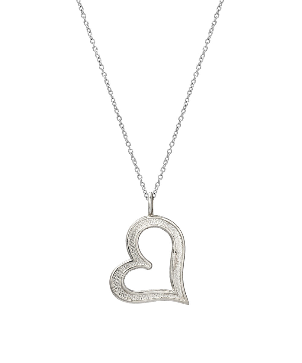 A delicate minimalist necklace featuring an 18" fine chain with a textured sterling silver sideways open-heart pendant.