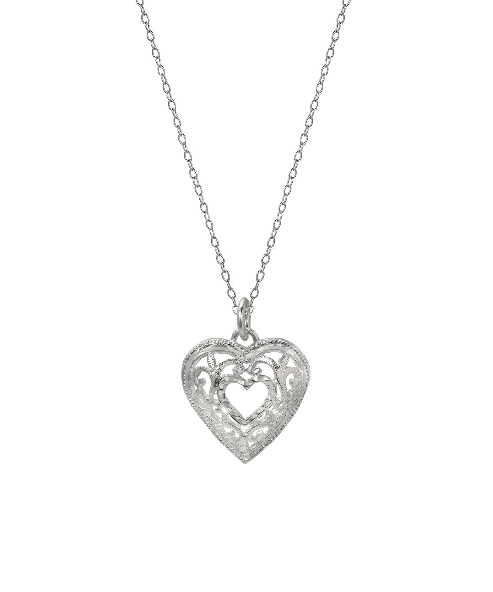 Sterling Silver Filigree Heart Pendant Necklace, 18"
