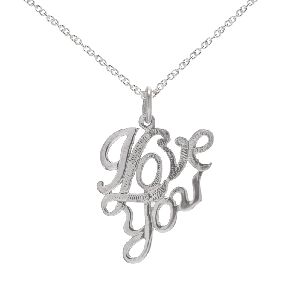 The Sterling Silver I Love You Pendant Necklace features an elegant cursive script on a delicate chain, making it a perfect gift for her and beautifully displayed against a plain white background.
