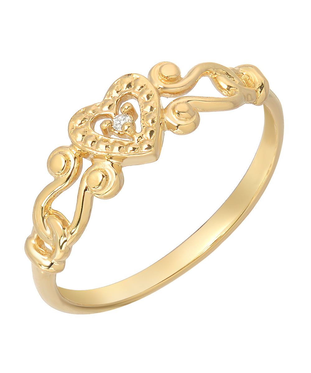 14KT Yellow Gold Diamond Heart Scroll Ring, 0.005 CT.