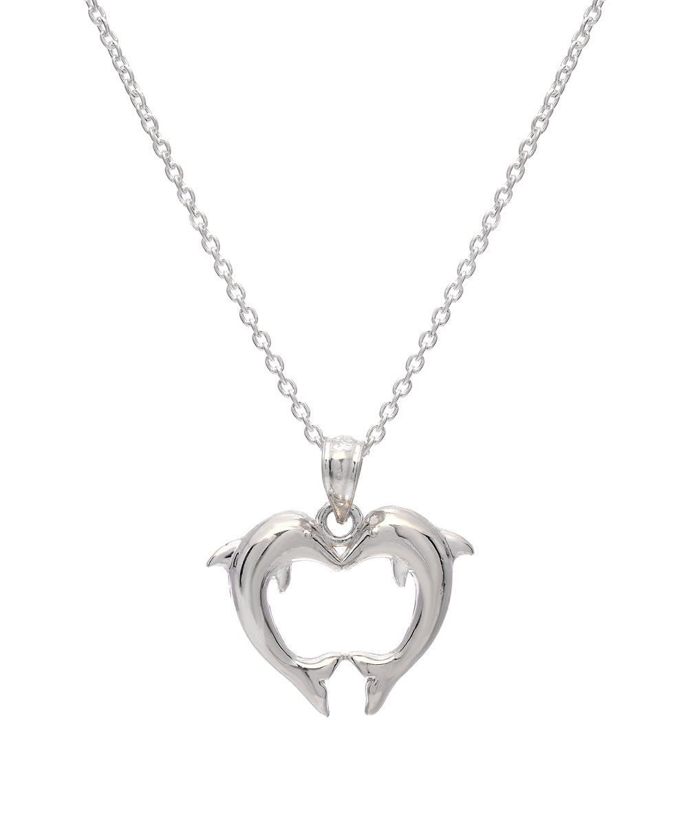 Sterling Silver Kissing Dolphins Heart Pendant Necklace