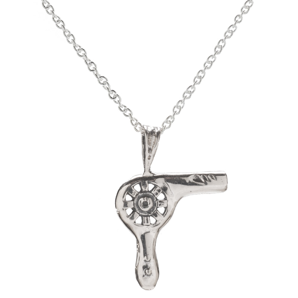 The Sterling Silver Blow Dryer Pendant Necklace, 18", features a detailed hair dryer charm with a realistic circular vent—ideal hairstylist jewelry.