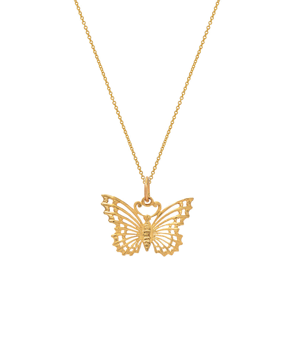 The 14 Karat Yellow Open Wing Butterfly Pendant Necklace, 18", features a delicate chain and an intricately detailed butterfly pendant.
