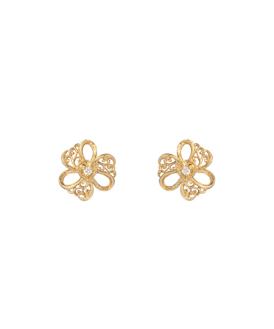 14 Karat Yellow Gold and Diamond Clover Diamond Stud Earrings