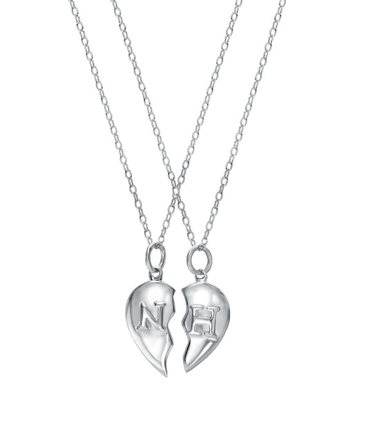 Sterling Silver Split Heart Pendant Necklace with Custom Initials – Personalized Friendship or Couple Jewelry