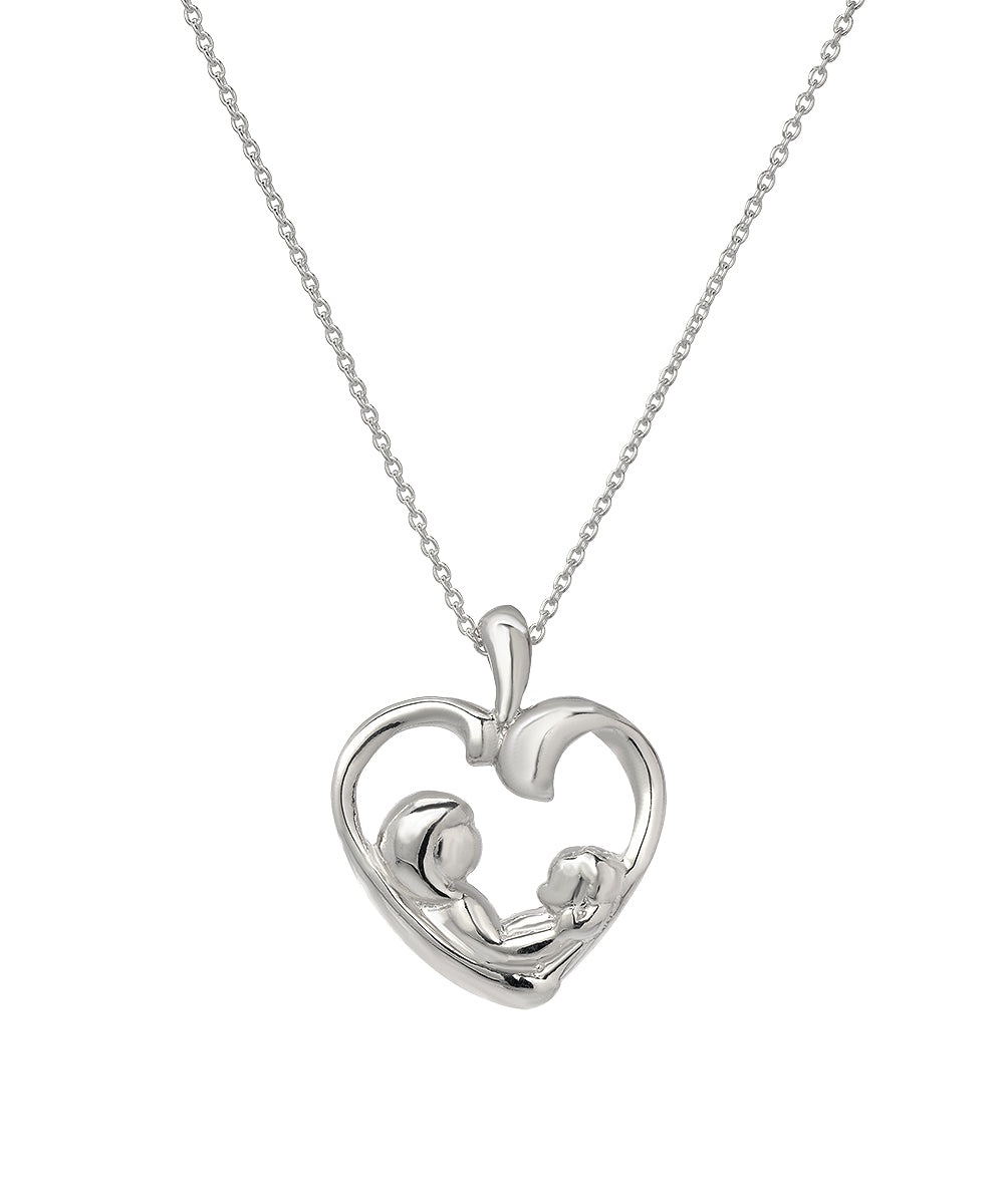 The Sterling Silver Mother Daughter Pendant Necklace features a heart-shaped pendant with two stylized figures, symbolizing the special bond between parent and child—a keepsake to cherish forever.