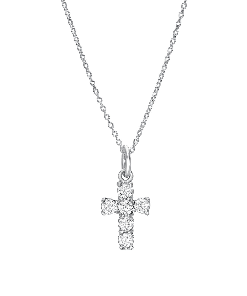 The 14 Karat Six Stone 0.66 Carat Lab Diamond Cross Pendant Necklace features a delicate gold chain and a small cross adorned with sparkling round lab diamonds.