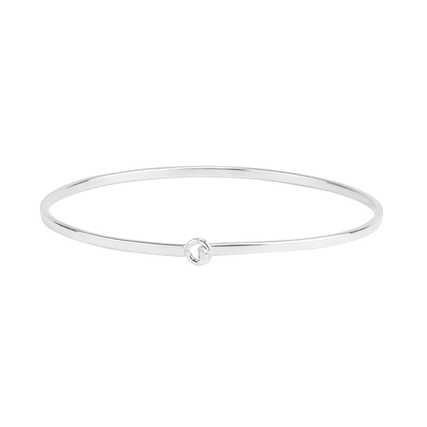 The Sterling Silver Flat Wire Latch Bracelet features a minimalist flat wire design with a subtle center knot, presented elegantly against a white background.
