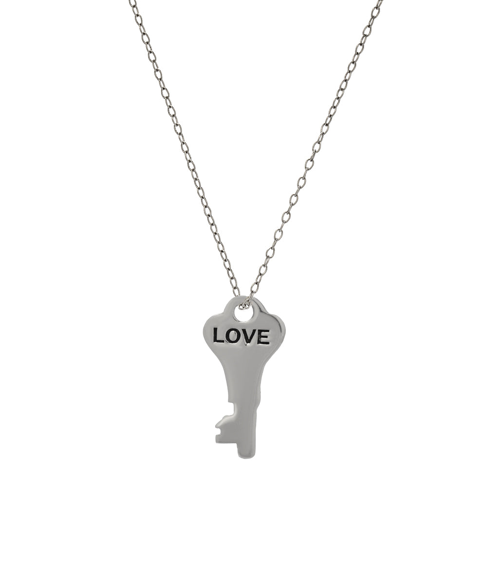 The Sterling Silver Infinite Key Pendant Necklace features "LOVE" engraved on a key pendant hanging from a delicate chain—an elegant affirmation piece to inspire endless possibilities.