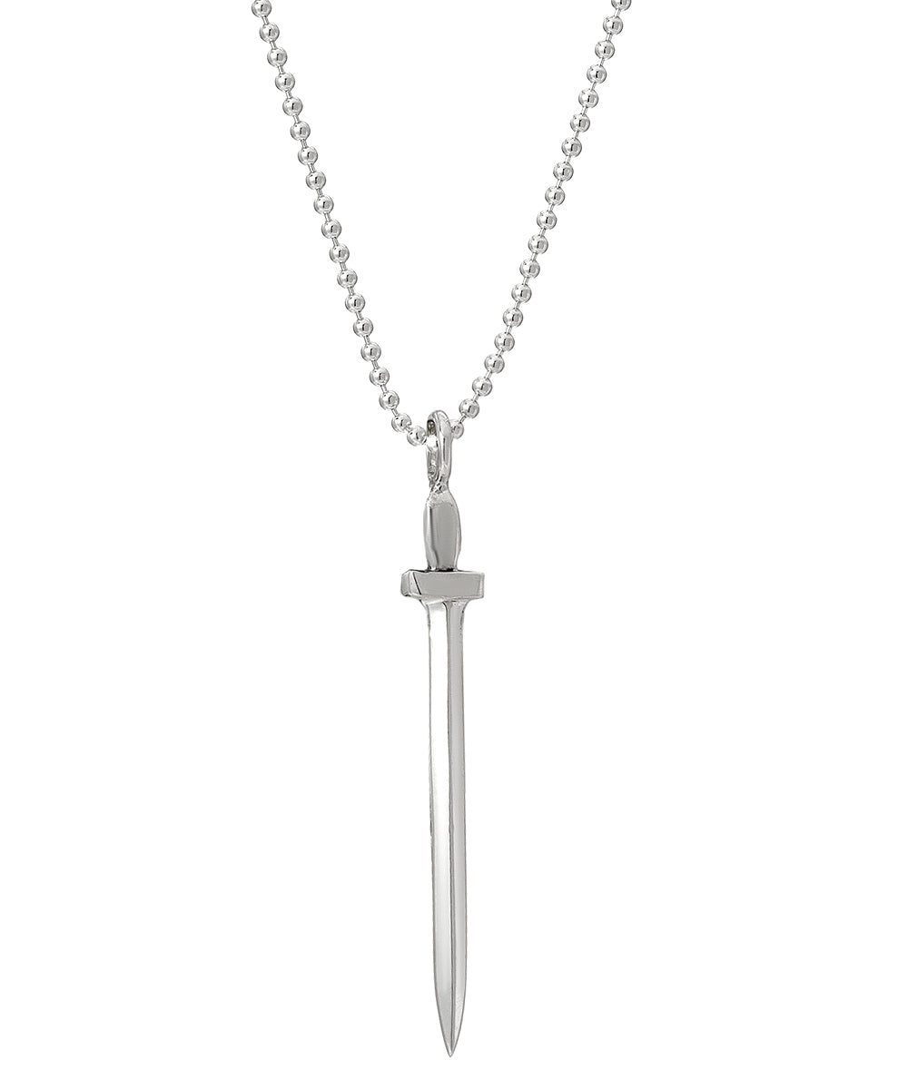 The Sterling Silver Sword Pendant Necklace features a 925 silver sword-shaped pendant on a ball chain, displayed on a white background.