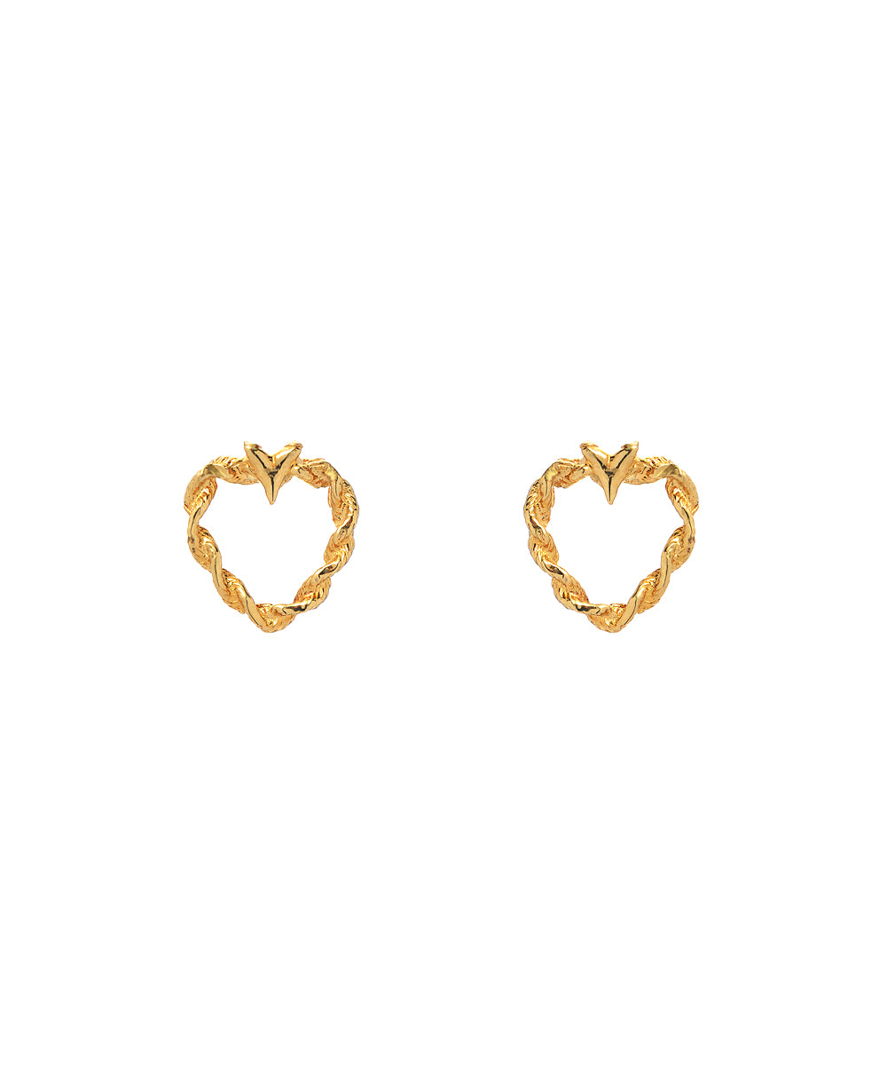 14k Yellow Gold Twist Nugget Style Open Heart Earring Studs