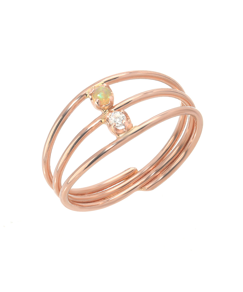 14KT Rose Gold Tri Coil Opal Diamond Ring 0.03 CT.