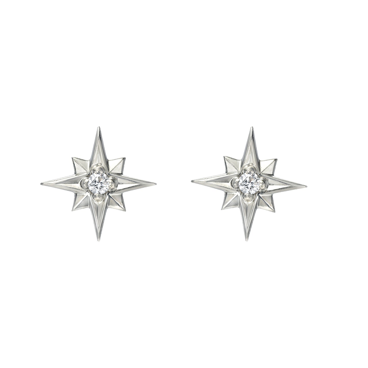A pair of 14K white gold North Star stud earrings with 0.06 CT diamonds, each featuring a central round gem surrounded by pointed rays for a star-inspired look.